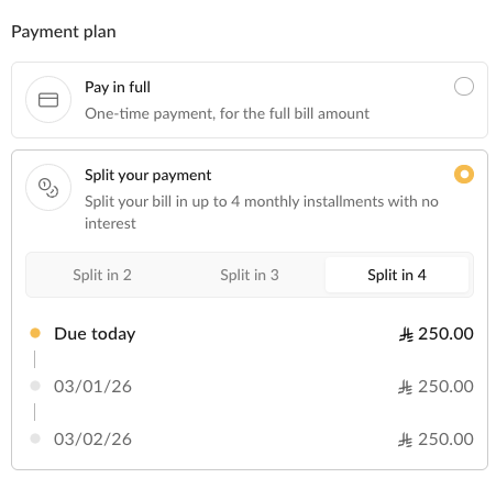 Customer selecting installment split option